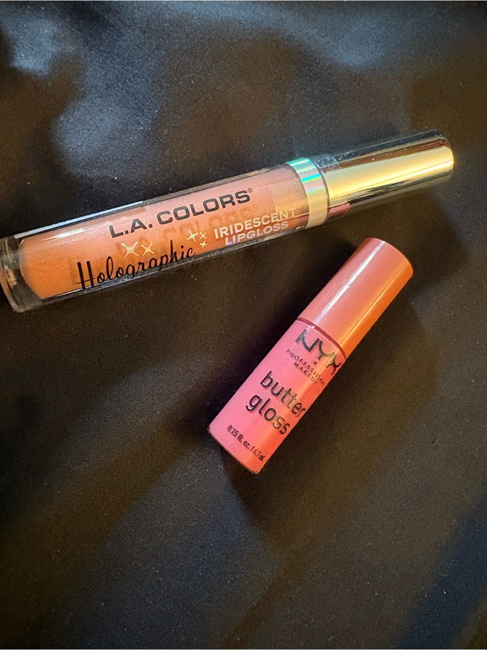 L.A. COLORS Holographic Iridescent Lipgloss in Heavenly & nyx butter gloss
